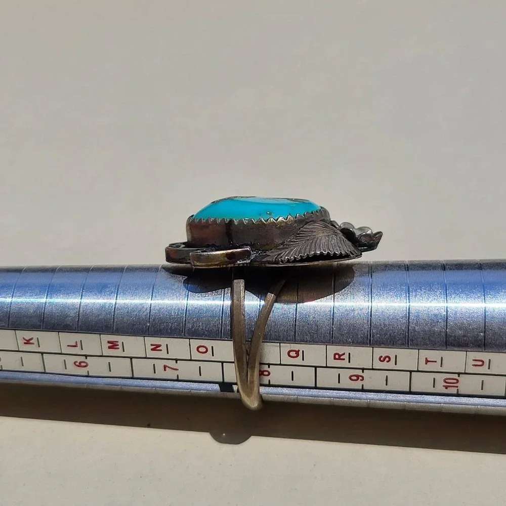 Vintage Genuine Turquoise Ring Size 7.75 Blue Leaf Flower Southwestern